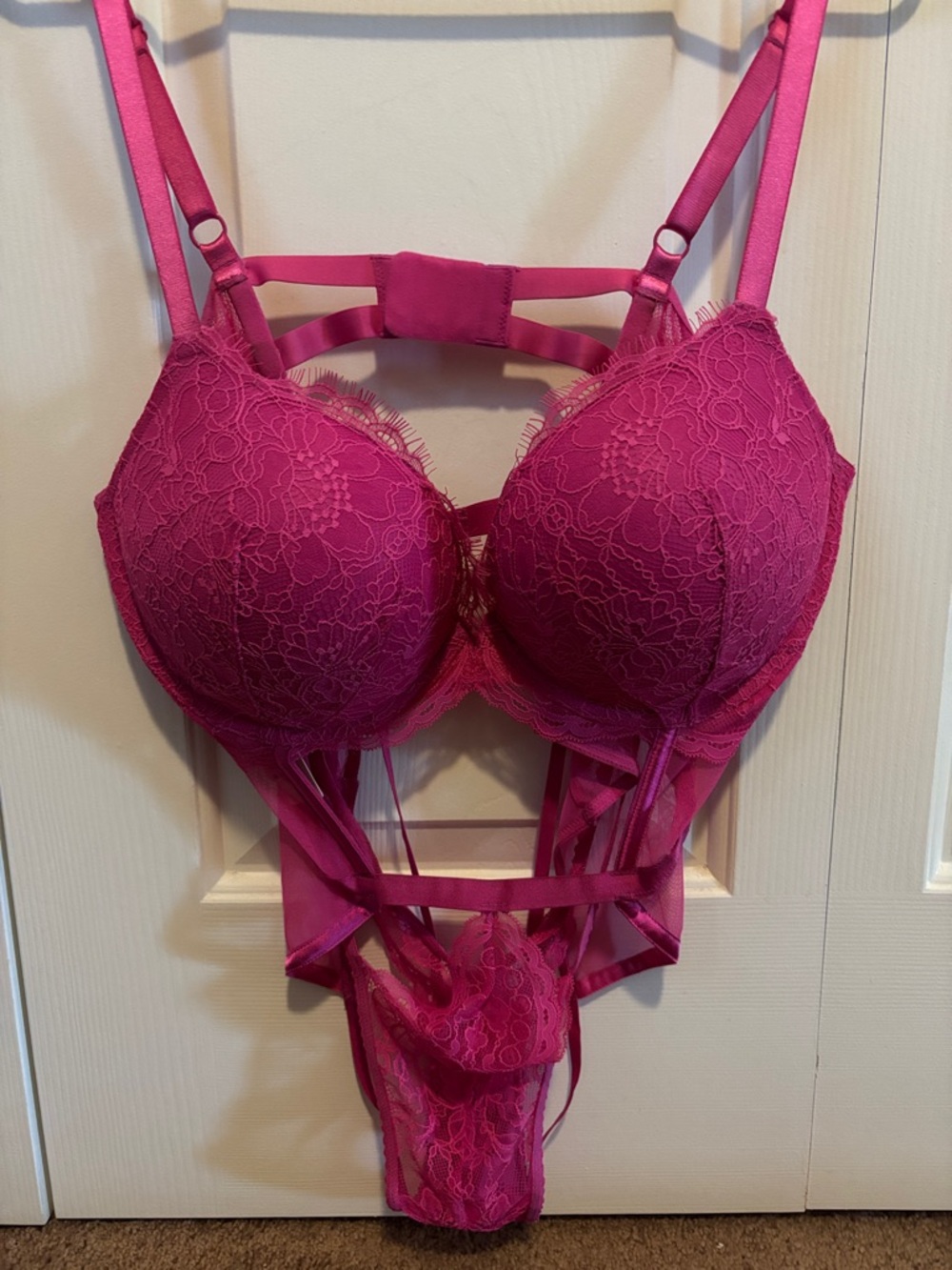 Victoria's Secret Fuchsia Lace Strappy Bodysuit Teddy
